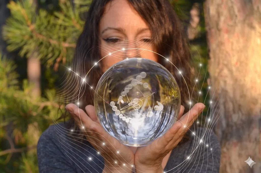 Miracle Natalie holding a crystal sphere with healing energy frequencies